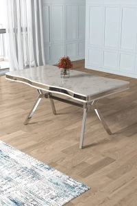 Beyaz Mermer Desen 90x160 Lak Panel Yemek Masası Krom Ayak